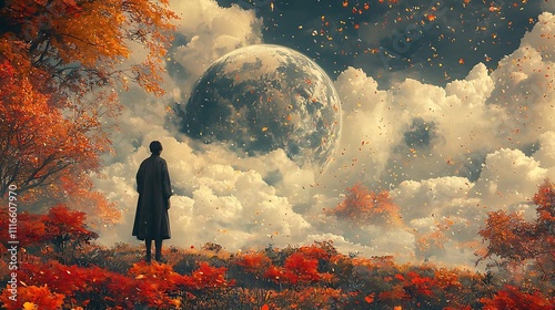 Surreal Autumn Landscape Person Gazing at Giant Planet Falling Leaves Clouds