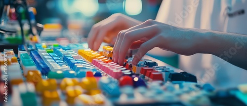 Hands deftly mixing vibrant buttons in colorful arrays, evoking creativity and engagement in a playful, tech-savvy environment.