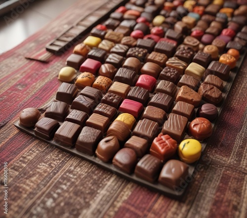 Assortiment de chocolats sur un tapis roulant, r?dempteur, emballages photo