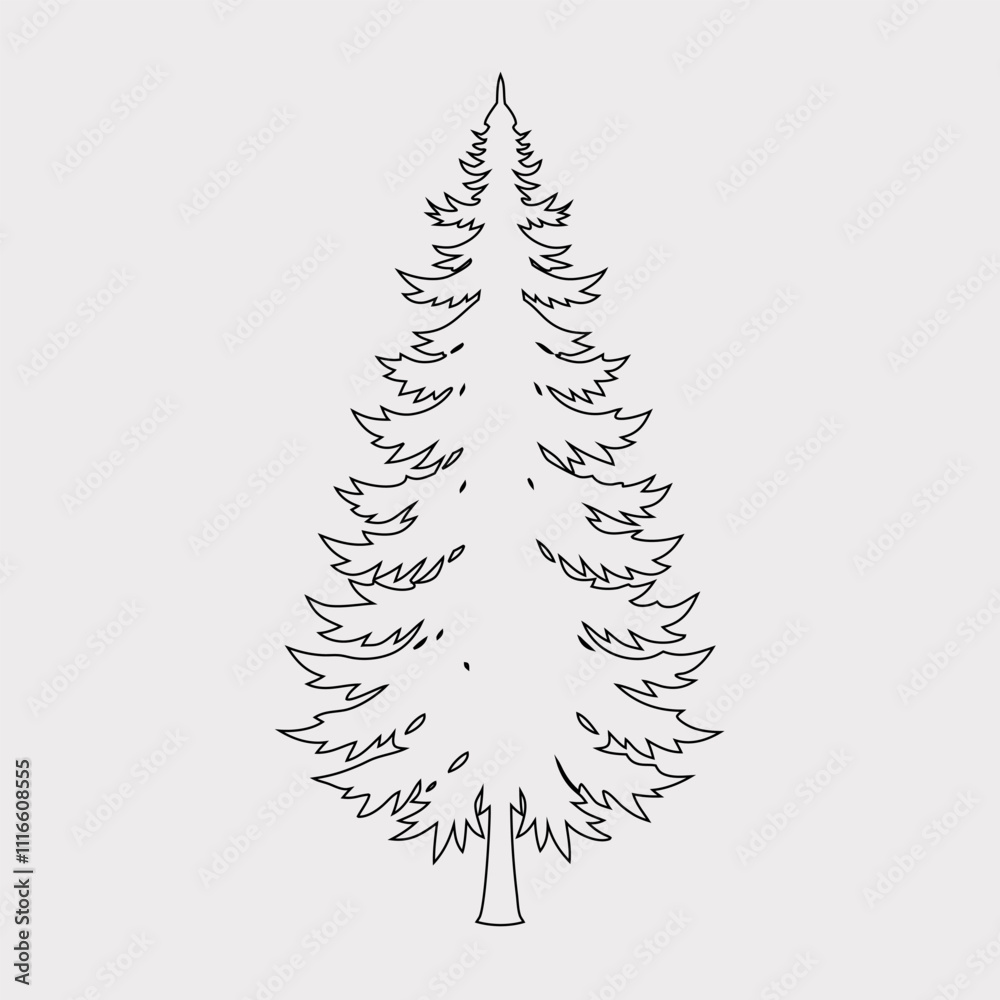 Fototapeta premium Minimalist Fir Tree Line Art Vector Illustration - Nature-Inspired Design.Hand-Drawn Fir Tree Outline - Black and White Vector Clipart