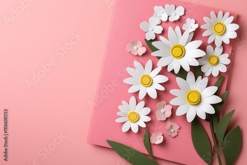 Vibrant Floral Paper Art on Pink Background - A beautiful arrangement of paper flowers in white and pastel colors set against a soft pink background, symbolizing creativity and springtime. photo