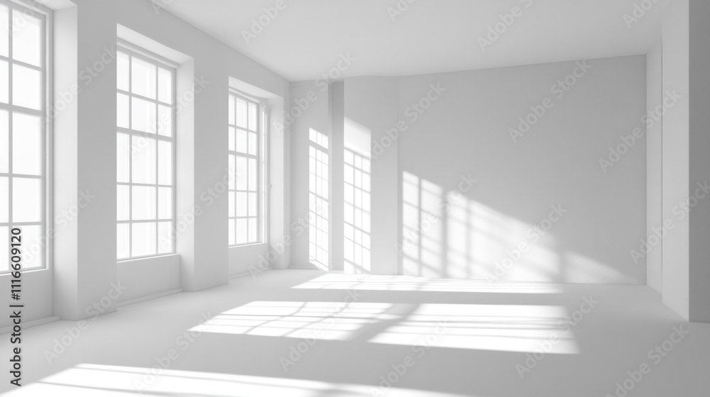 Fototapeta premium Sunlit empty white room with large windows and shadows.