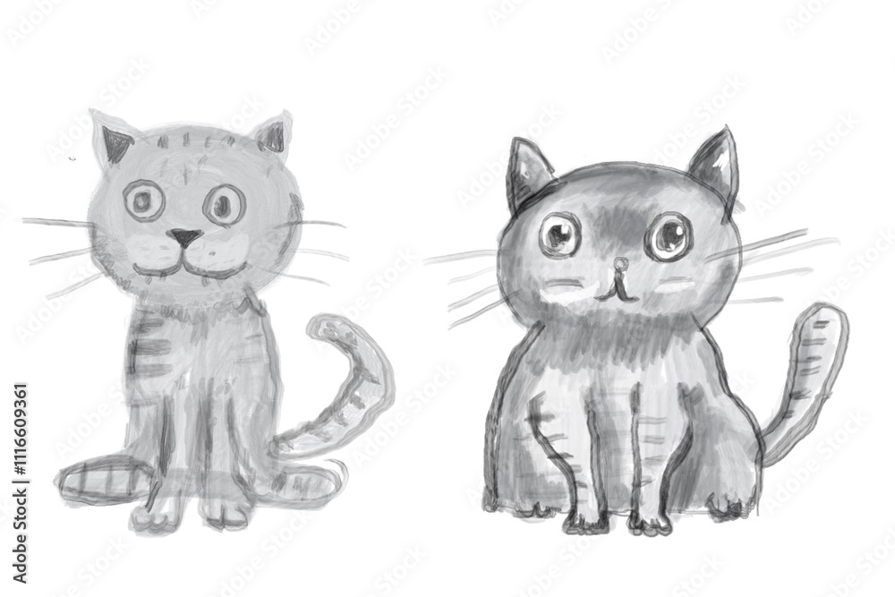 Fototapeta premium Funny gray cats childish drawing style, isolated