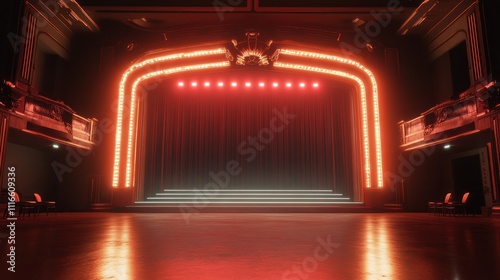 Red-lit empty theater stage with dark velvet curtains, ready for a performance. photo