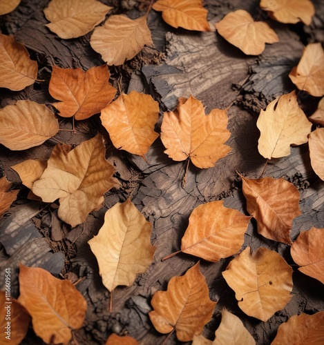 Dry leaves from a tree with visible cambium layer and bark texture, tree branches, deciduous trees photo