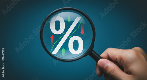 Magnifying glass showing business growth and percentage analysis with graphs and statistics photo