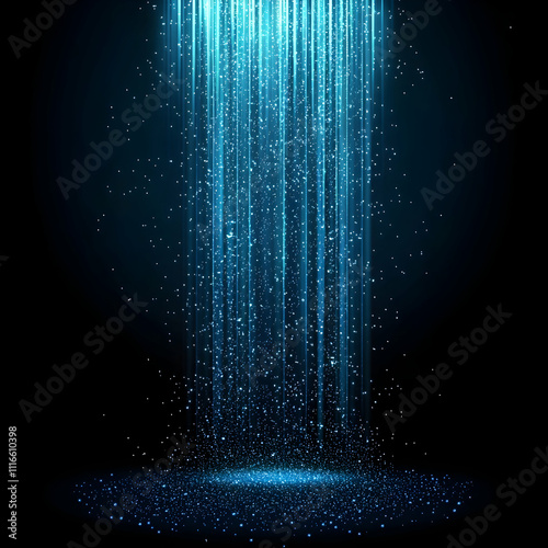 Bright blue light rays coming down from the top of an empty stage with sparkles and glitter on a dark background, vector illustration.
