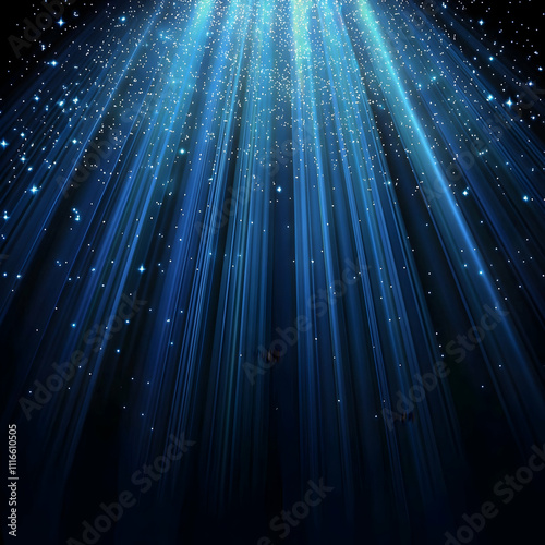 Bright blue light rays coming down from the top of an empty stage with sparkles and glitter on a dark background, vector illustration.