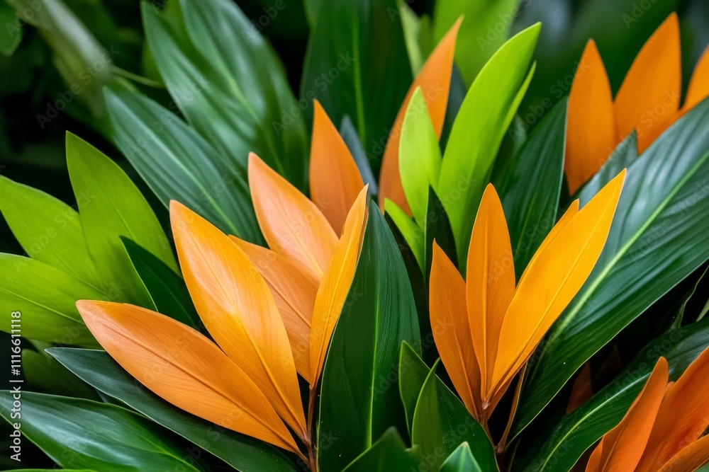 Fototapeta premium Vibrant Tropical Foliage - A stunning arrangement of tropical leaves featuring vibrant orange and green colors, symbolizing growth, vitality, and nature's beauty.