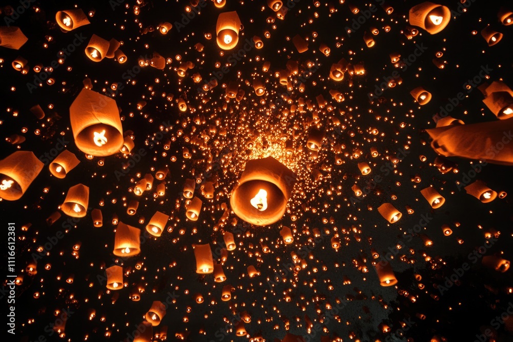 Obraz premium Skyward Swarms: Floating Lanterns Illuminate the Night During New Year's Eve and Yee Peng Festival in Chiang Mai, Thailand