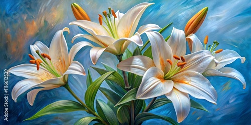 White Lilies on Blue Canvas, Oil Painting, Floral Art, Lily, Flower Art