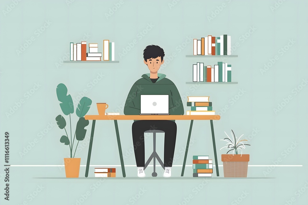Man working on laptop at wooden desk surrounded by books and potted plants on light green background. Minimalistic vector illustration for educational and workspace concepts. Design for posters