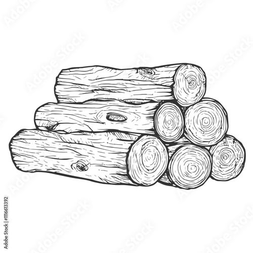 Tree and Wooden Planks for Construction, Hand-Drawn Vector, Graphic Style, Cartoon Illustration, Black and White, Sketch Style, Isolated on White Background