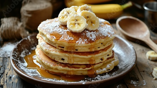 Delicious homemade banana pancakes: fluffy buttermilk stack with fresh berries and maple syrup photo