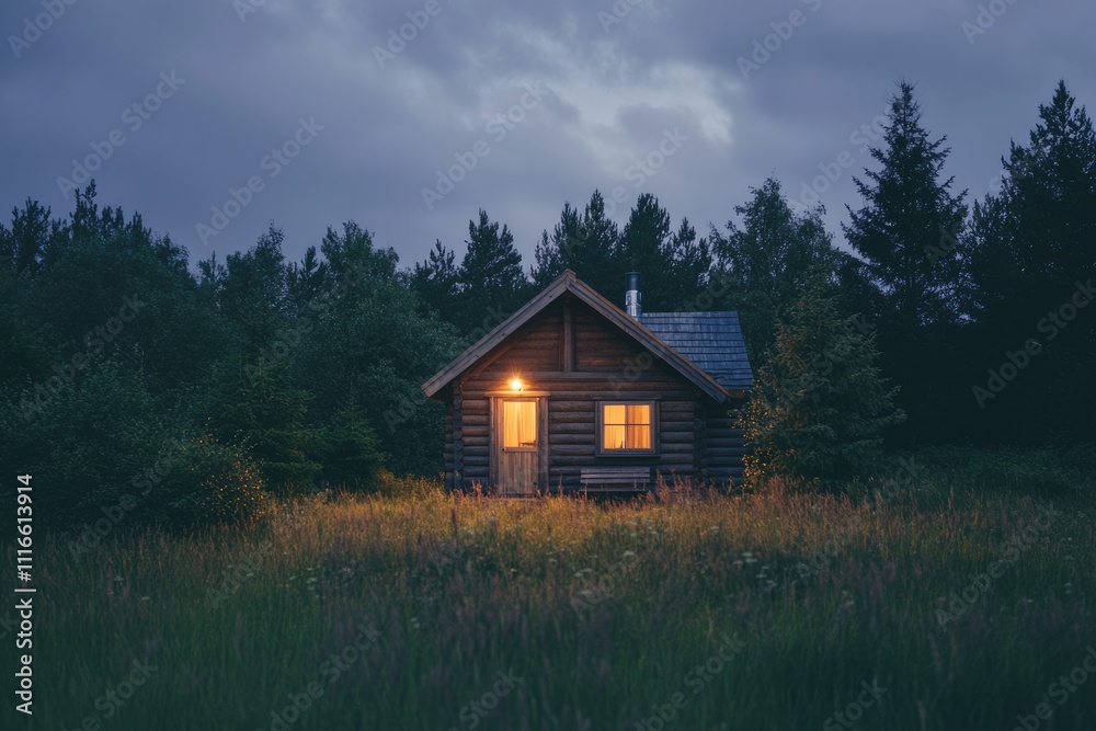 Obraz premium Charming Wooden Cabin House at Dusk: Cozy Exterior Design in a Serene Setting