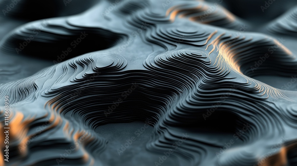 Naklejka premium 3d stylized topographic map with vibrant dark gradients showing elevation shifts across the landscape