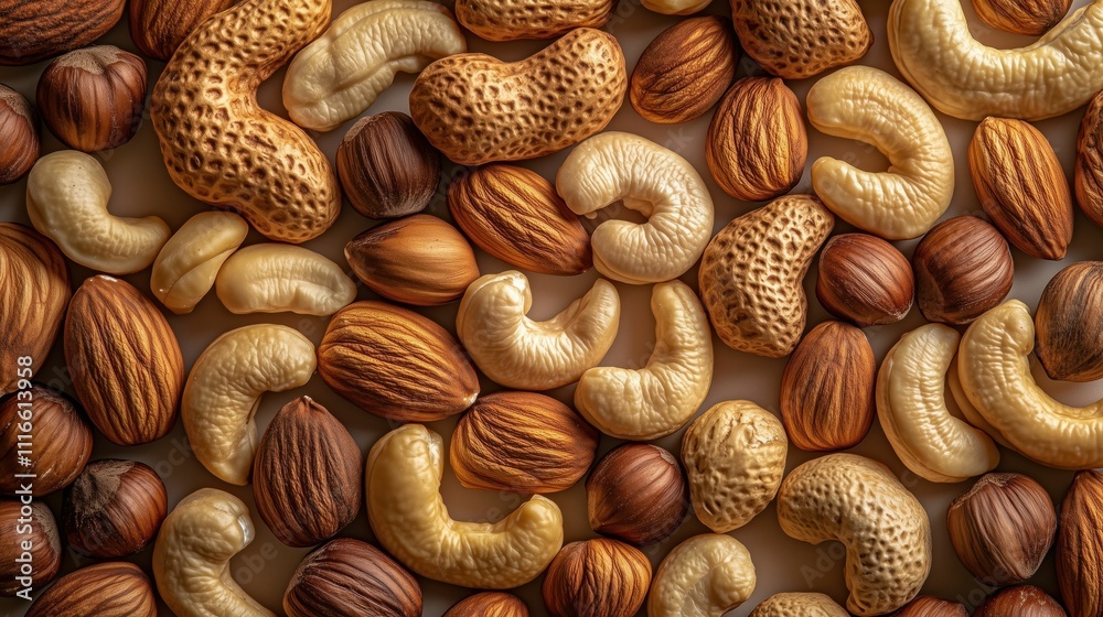 Close-up of gourmet mixed nuts: cashews, hazelnuts, almonds, and walnuts, rich in texture and color Close-up of gourmet mixed nuts: cashews, hazelnuts, almonds, and walnuts, rich in texture and color