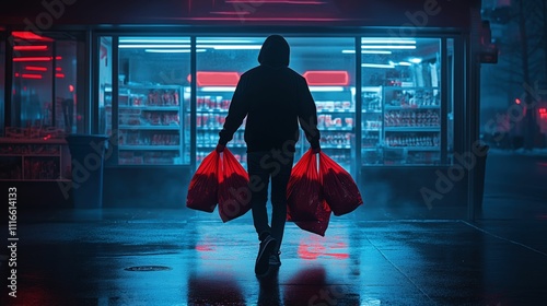 Suspicious male leaving retail store with bags of stolen merchandise, shoplifting concept photo