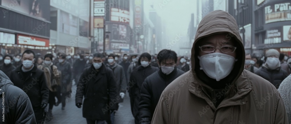 Obraz premium A crowd of people wearing masks move through a foggy urban setting, capturing the shared resilience and adaptation to new realities.