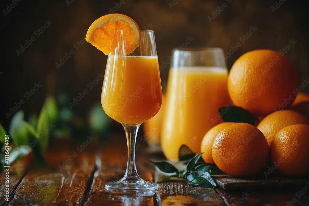 Vibrant Citrus Delight: Freshly Squeezed Orange Juice in a Glass on Rustic Wooden Surface Vibrant Citrus Delight: Freshly Squeezed Orange Juice in a Glass on Rustic Wooden Surface