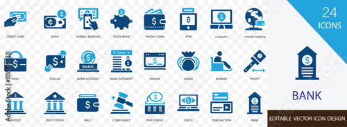 Bank solid icon collection set. containing BANKER, INSTITUTION,  BANK SATEMENT, savings, vault, cash, ATM and more vector design