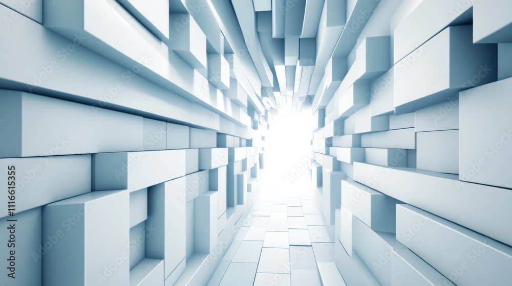 Fototapeta premium Futuristic corridor with geometric white blocks and bright light at the end, AI