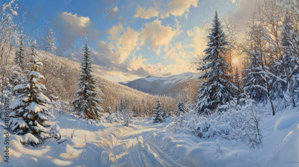 Winter Forest with Snow-Covered Mountains and Blue Sky Winter Forest with Snow-Covered Mountains and Blue Sky