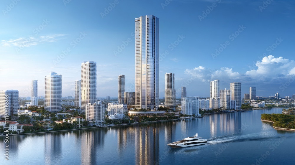 Obraz premium Vibrant Skyline of Sunny Isles: A Stunning Cityscape by the Water with Iconic Skyscrapers and Modern Architecture