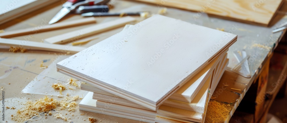 Close-up of neatly arranged plywood sheets with scattered wood shavings, highlighting the precision and craftsmanship of woodworking. Close-up of neatly arranged plywood sheets with scattered wood shavings, highlighting the precision and craftsmanship of woodworking.