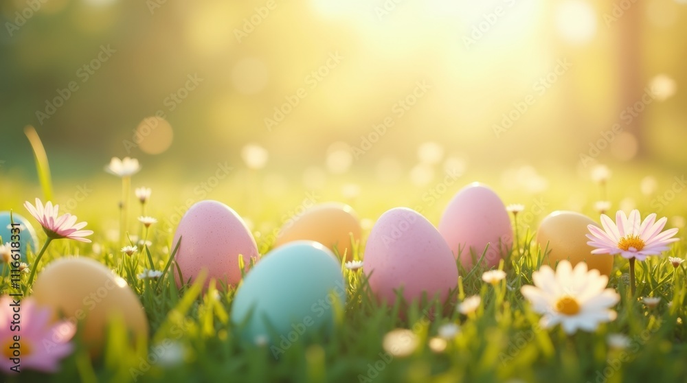 Easter scene with colorful eggs in a grassy field surrounded by flowers under golden sunlight, capturing a festive and joyful atmosphere