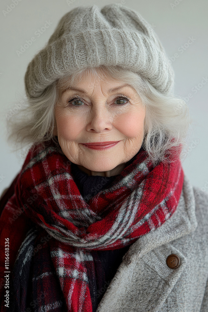 Elderly woman enjoys a moment indoors, dressed in a chunky hat and a plaid scarf, radiating warmth and cheer in a winter atmosphere Elderly woman enjoys a moment indoors, dressed in a chunky hat and a plaid scarf, radiating warmth and cheer in a winter atmosphere