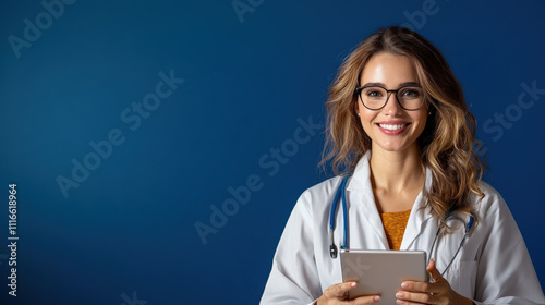 smiling female doctor wearing glasses and white coat holds tablet against blue background