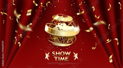 Show time, Cinema and Theatre hall with seats red velvet curtains. Shining light bulbs vintage and luxury festival flyer templates, golden realistic vector, music glowing vintage poster design