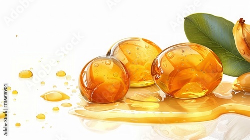 A close-up of a bottle of jojoba oil with jojoba seeds placed beside it, isolated on a white background, emphasizing its clean, natural, and organic appearance. Generative AI