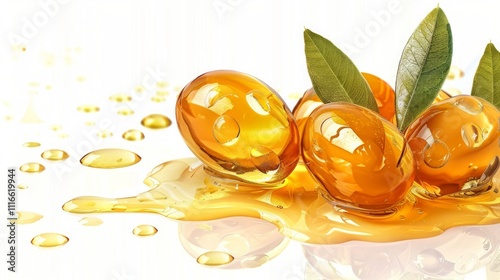 A close-up of a bottle of jojoba oil with jojoba seeds placed beside it, isolated on a white background, emphasizing its clean, natural, and organic appearance. Generative AI