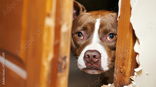 curious brown and white dog peeks through damaged wooden door, showing innocent expression