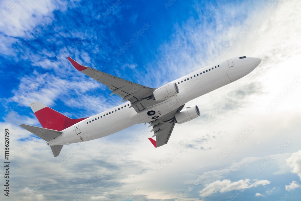 Obraz premium Airplane flying in blue sky, travel background