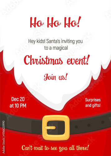 Christmas holiday party flyer with Santa beard and belly with a belt. Vector invitation template for Merry Christmas and happy New Year celebration. Greeting banner, promotion, advertisement or poster