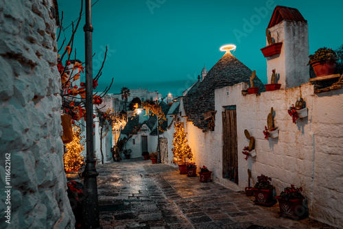 Trullis in the historical center of Alberobello, Apulia, Italy. Decoration at Christmas time.