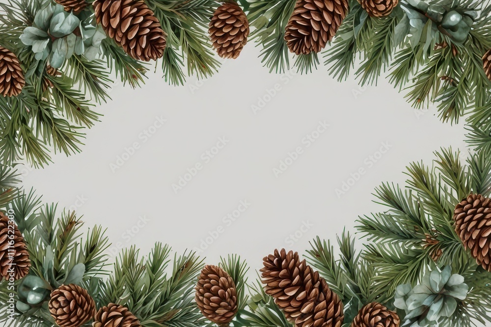 Fototapeta premium Watercolor christmas frame with fir branches, pine cone, cotton, leaves, white background. Botanical winter greenery holiday illustration for wedding invitation card design