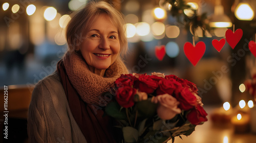 Senior woman receiving roses for Valentiines Day photo