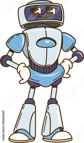 Cartoon groovy robot character stands confidently with hands on hips and playful expression. Isolated vector blue futuristic humanoid figure, robotics droid machine retro personage embodies technology