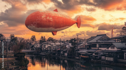 giant whale shaped balloon floats over traditional Japanese town at sunset, creating surreal and dreamy atmosphere photo