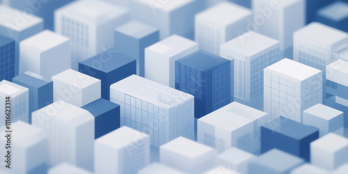 Smart city 3D blue cityscape. Intelligent building automation night futuristic business concept. Web online blue color future technology. Urban banner illustration