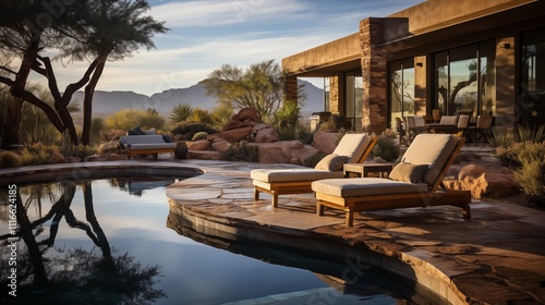 A backyard in Arizona showcasing a pool deck crafted from travertine tiles, harmoniously blending with the surrounding desert landscape. photo