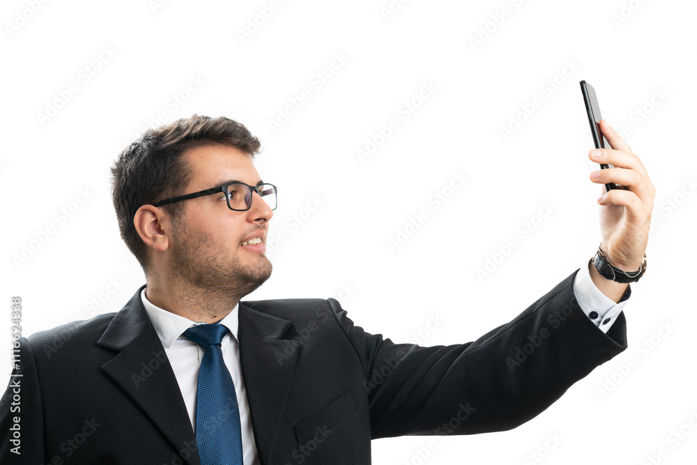 Businessman wearing suit smiling taking selfie using smartphone Businessman wearing suit smiling taking selfie using smartphone