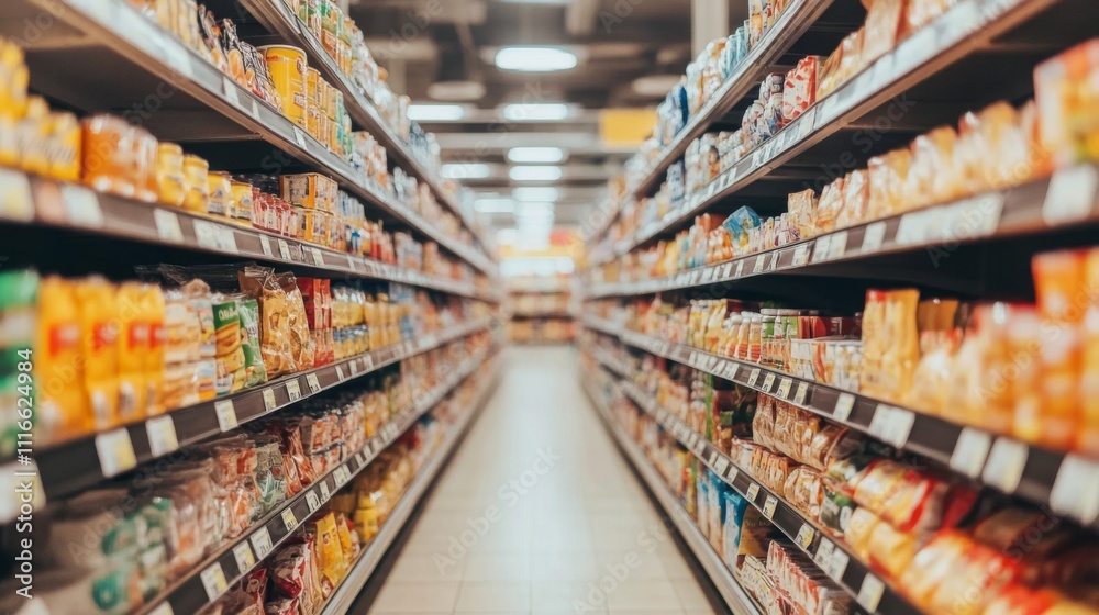Fototapeta premium Aisle in a Supermarket with Rows of Products on Shelves