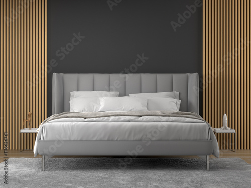 interior of dark grey bedroom with bed 3D rendering