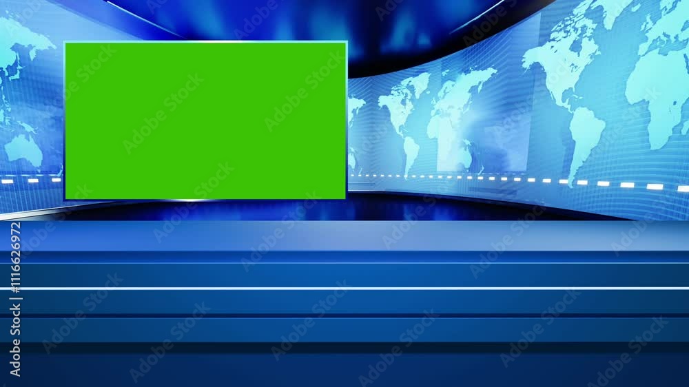 World map background with news presenter table with green screen