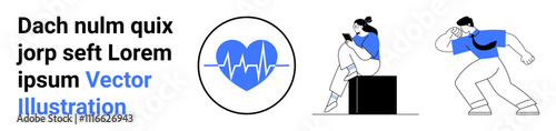 Woman sitting on a black box using a tablet, man running, and blue heart with heartbeat symbol. Ideal for health apps, fitness programs, medical services, wellness websites, lifestyle blogs